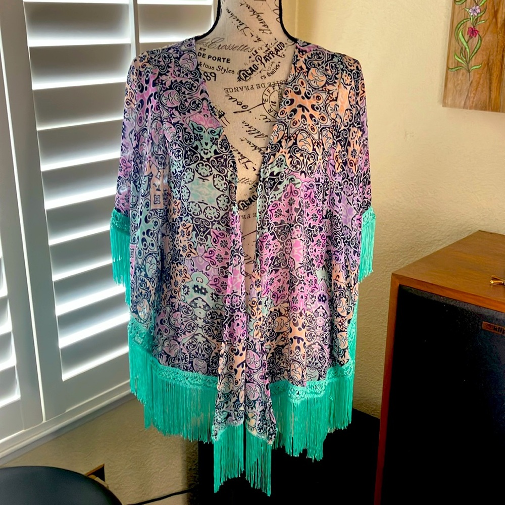 🩵🩷👙Bikini Lab Aqua, Pink & Black Print Bathing Suit Cover Up W/Aqua Fringe OS